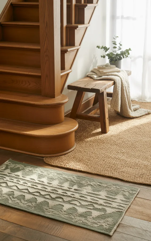 Layer textured rugs at the staircase base
