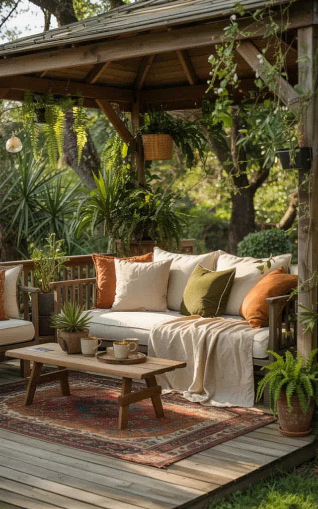 Layer the gazebo with outdoor cushions and throws.