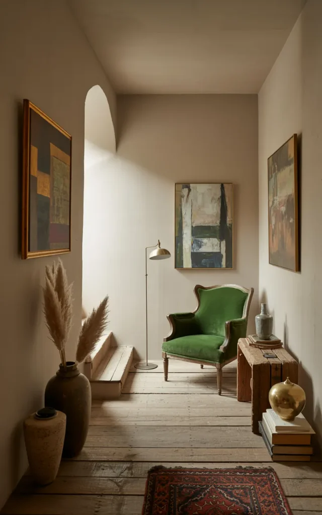 Mix old and modern pieces for a collected staircase landing look