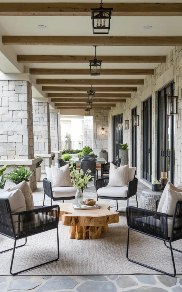 Mix wood, metal, and woven textures.