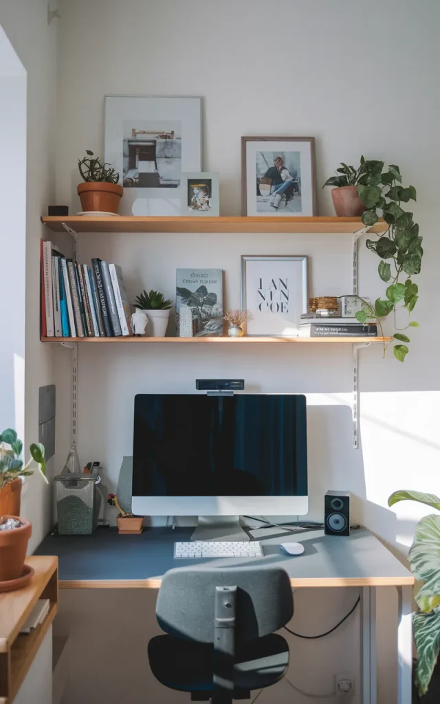 Mount a narrow shelf above your monitor.