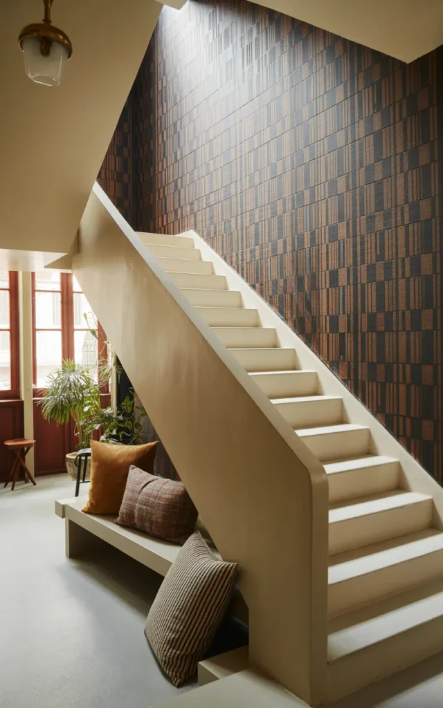 Paint the Staircase White and Add Bold Wallpaper Above