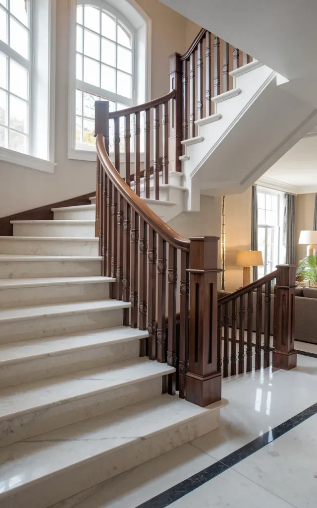 Pair Marble Stairs with a Wood Handrail for Warmth