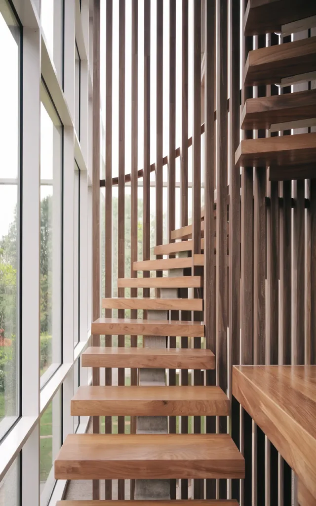 Pair the staircase with vertical wooden slats