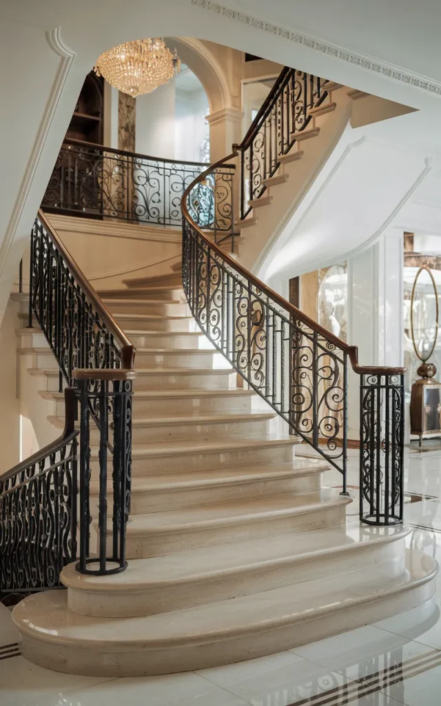 Pair wrought iron with marble steps for luxury living