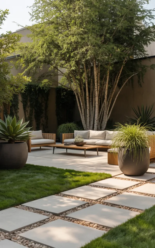 Replace part of the lawn with a modern courtyard.