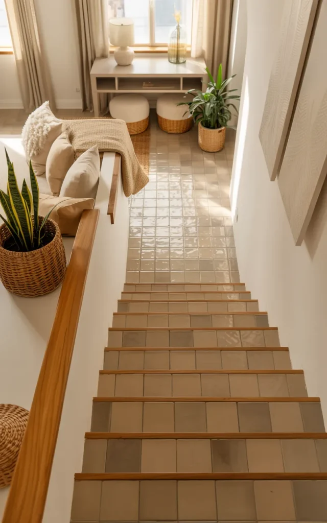 Soften modern stairs with warm greige tiles