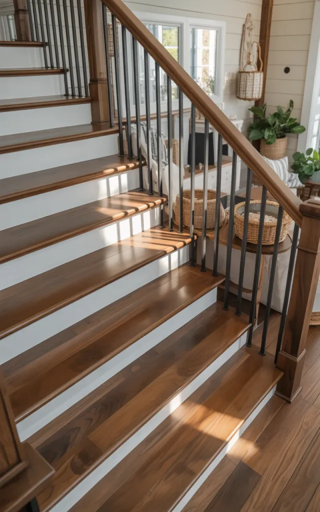Stain the treads in a rich walnut tone