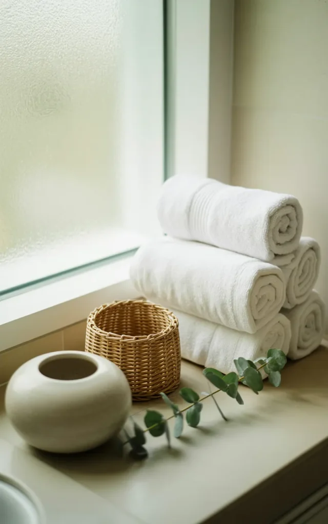 Style a shelf with rolled white towels