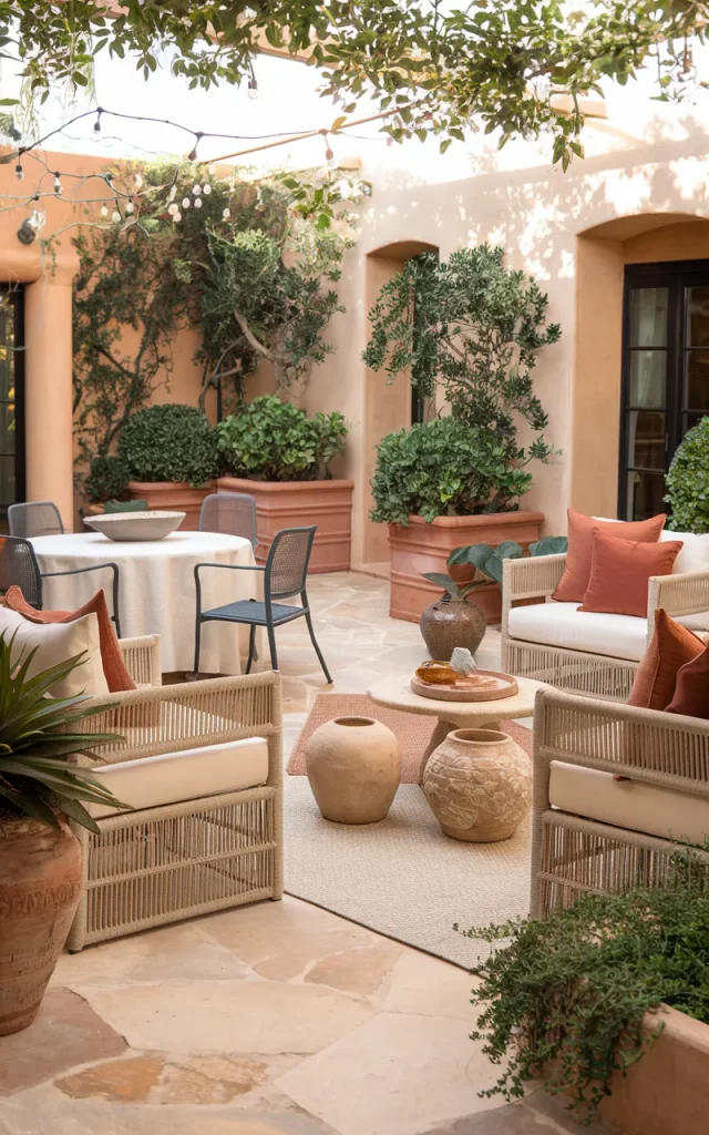 Style the patio with a warm Mediterranean palette.