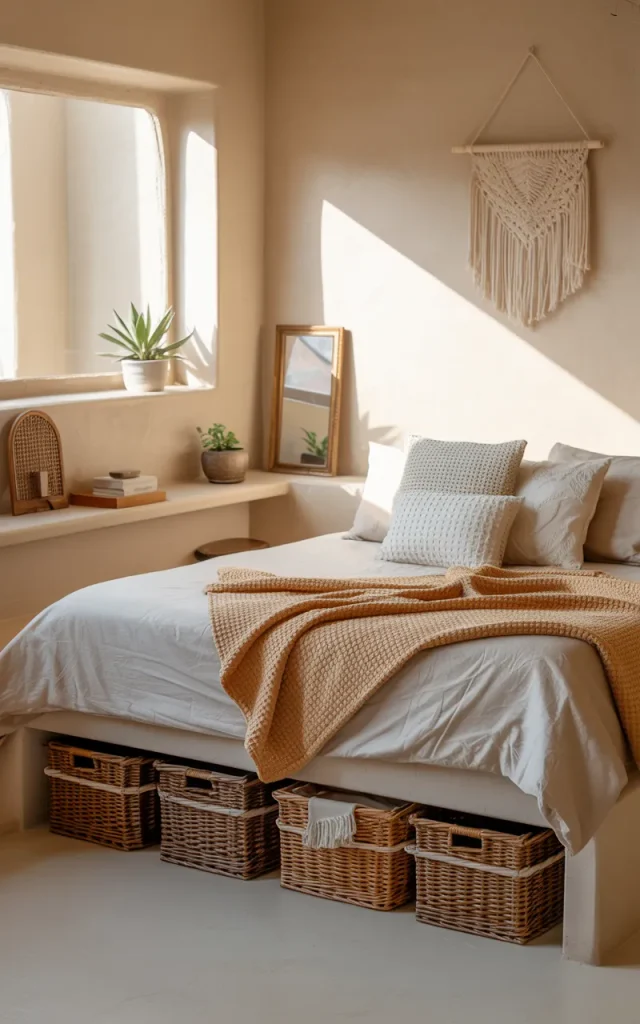 Tuck storage baskets underneath the bed neatly