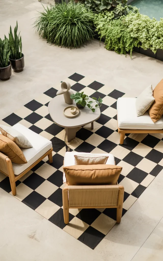Use a checkerboard rug for playful contrast.