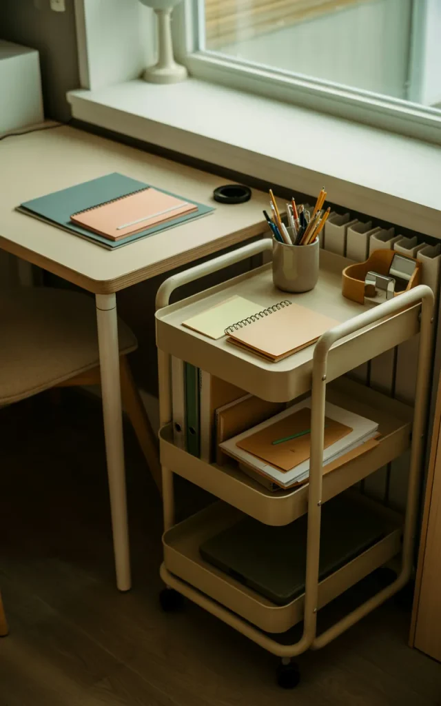 Use a narrow rolling storage cart.