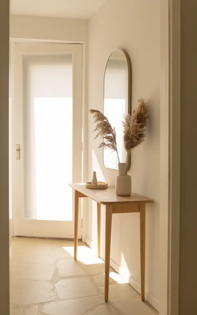 Use an arched mirror to soften a narrow hallway.