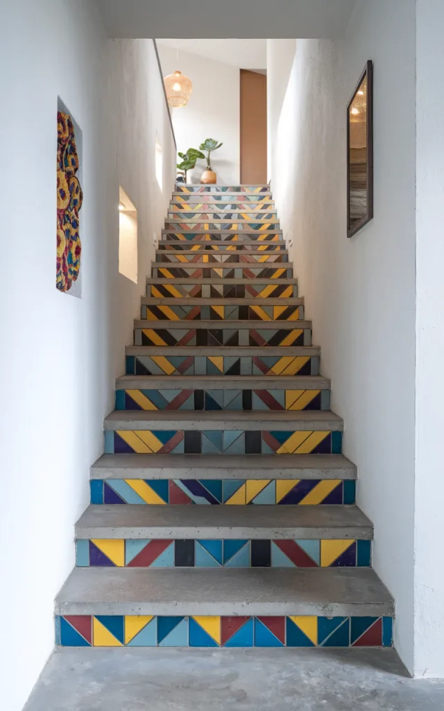 Use geometric tile inlays on each riser