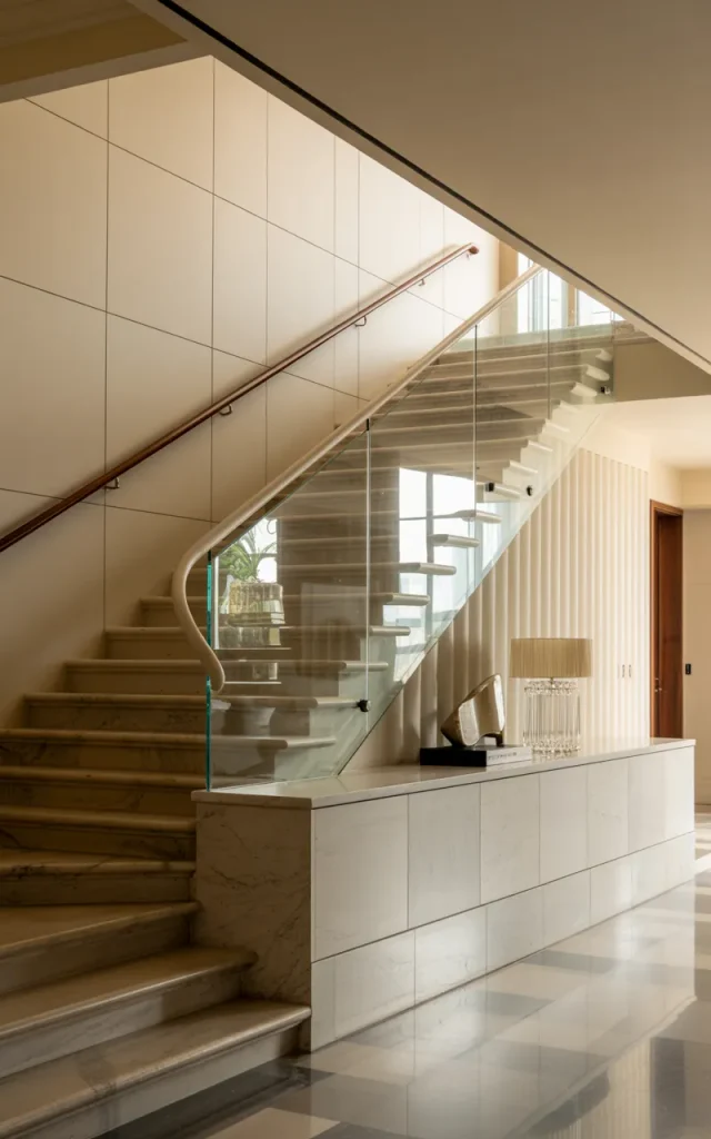 Use mixed-material stone and glass railing