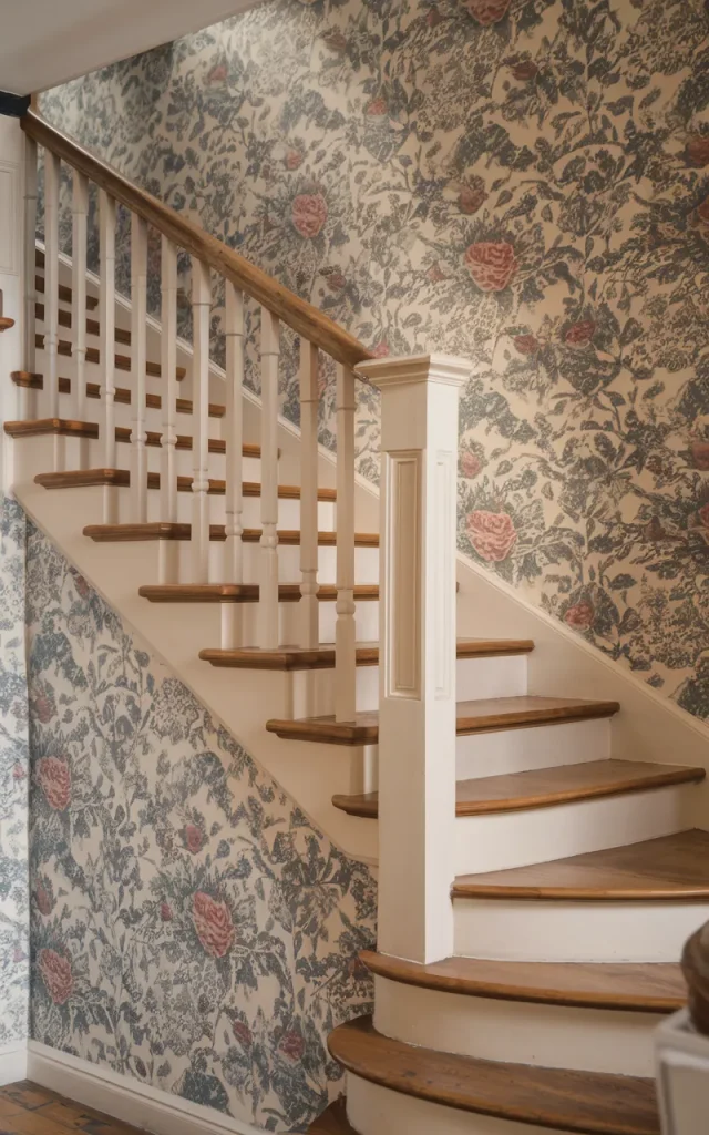 Use vintage floral wallpaper for cottage charm
