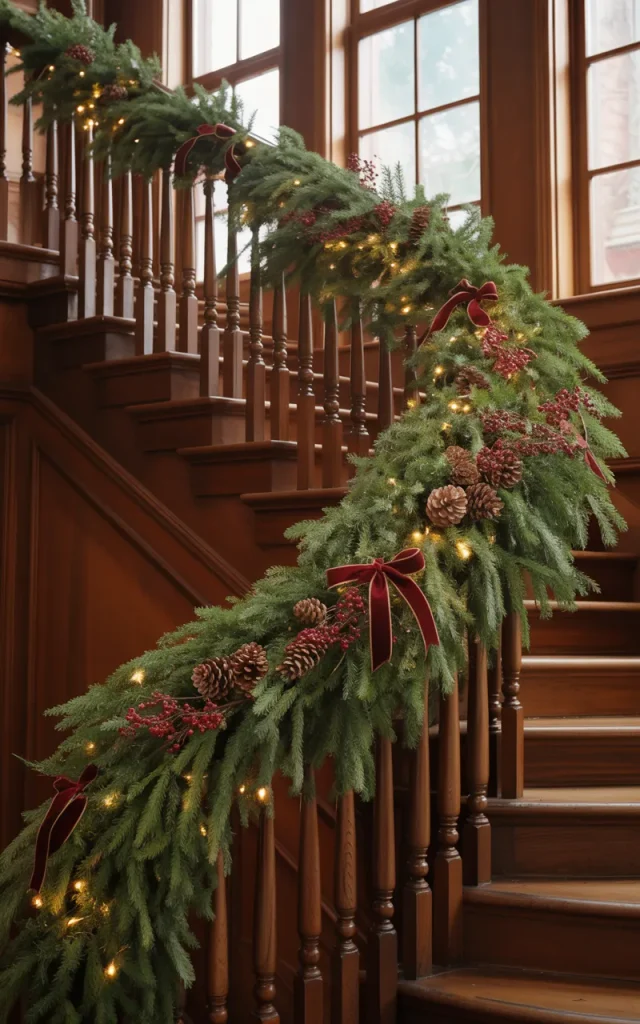 Wrap lush evergreen garlands around the banister