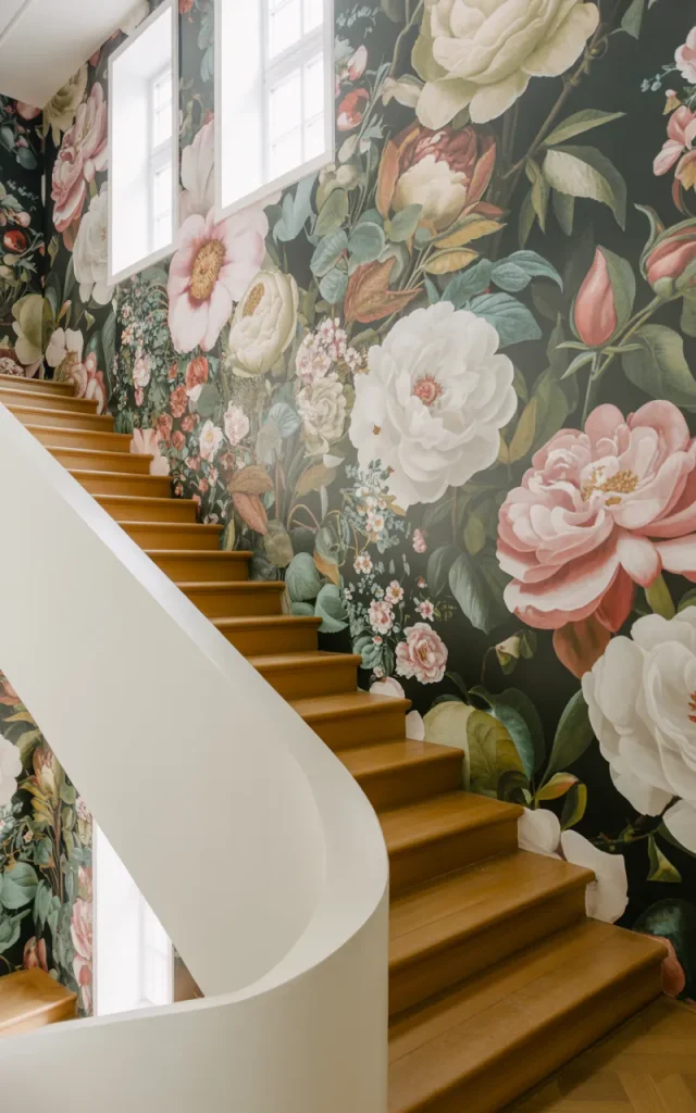 Wrap the staircase wall in oversized floral wallpaper for drama