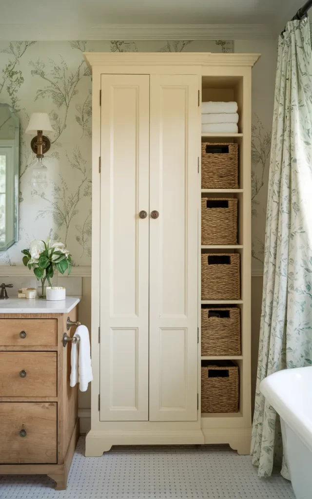 Add a Freestanding Linen Cabinet for Hidden Storage