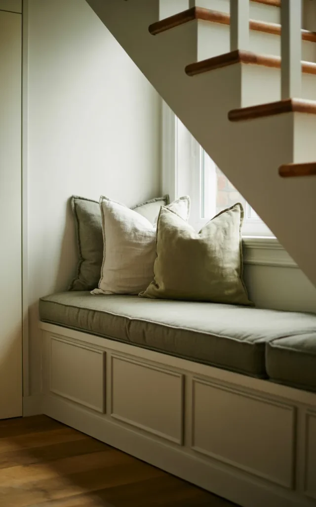 Add a hidden storage bench with soft upholstery 🧺