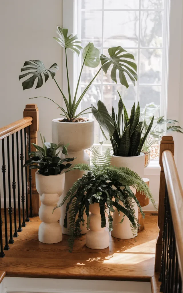 Add a sculptural plant stand cluster 🌿