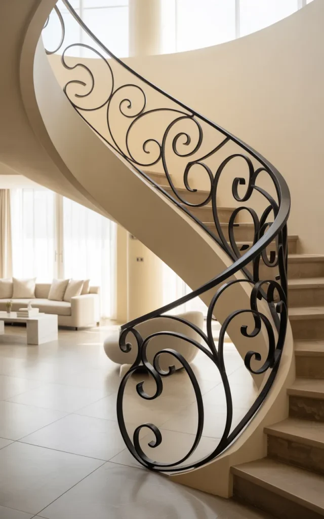 Add curved iron railings for soft movement