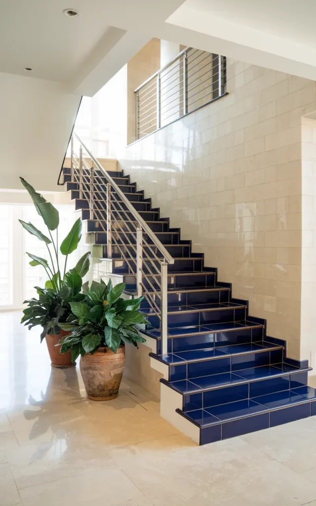 Add glossy navy tiles for deep sophistication 🌊