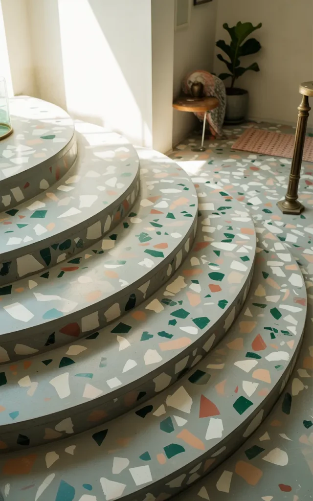 Add terrazzo tiles for playful texture 🎨