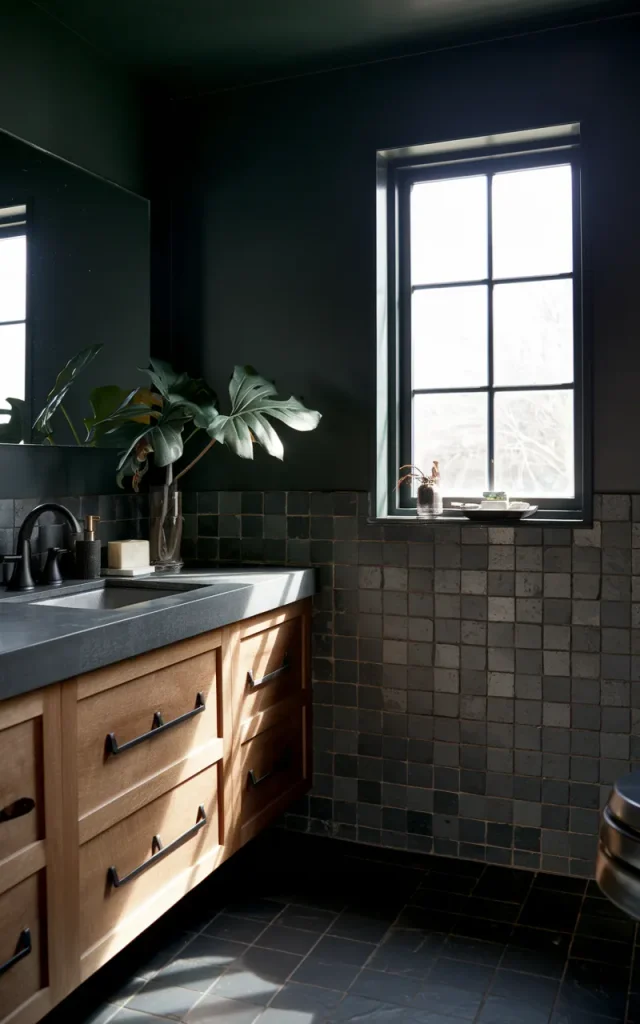 Balance Dark Bathroom Decor With Natural Light and Greenery