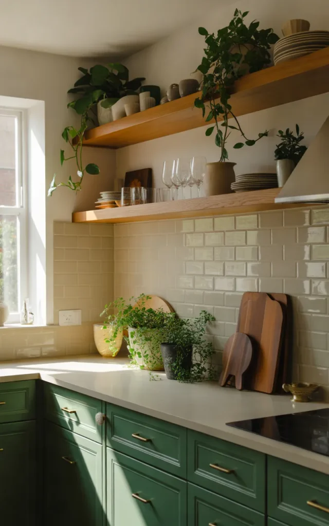 Combine Dark Green Cabinets With Natural Wood