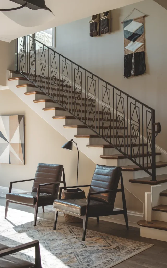 Combine iron spindles with geometric patterns for visual interest