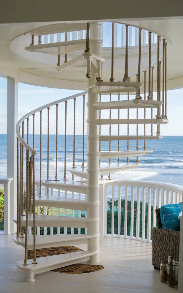 Design a coastal-themed spiral staircase with white finish