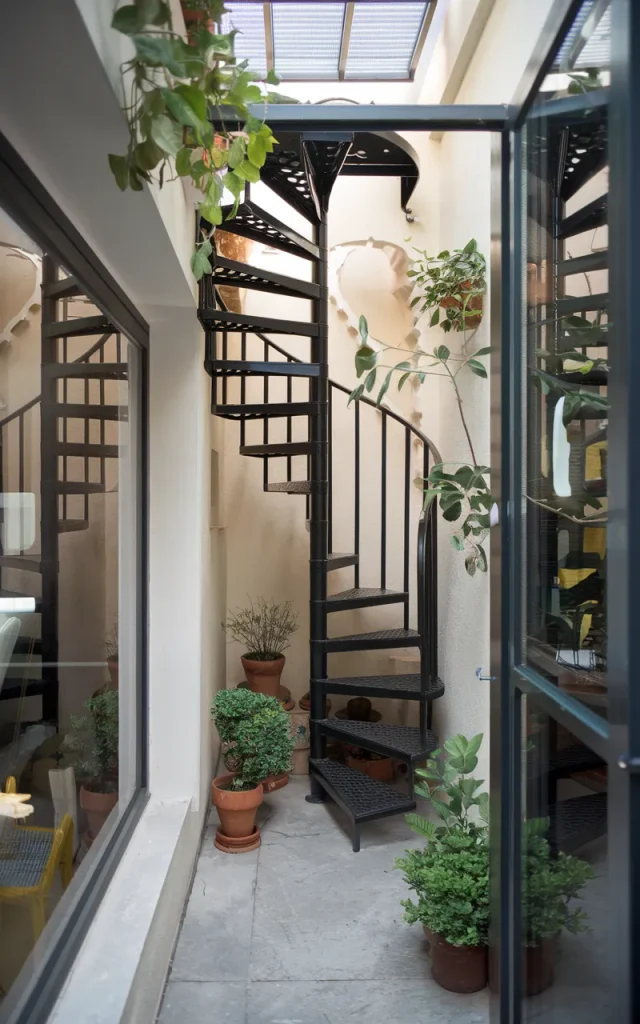 Design a compact spiral staircase for small patios