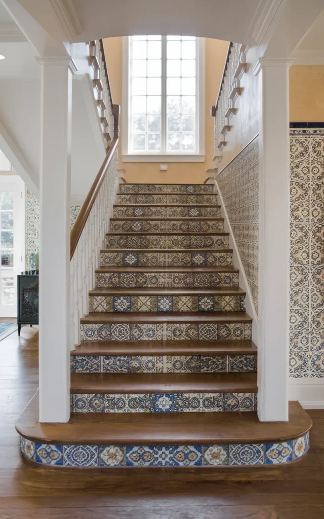 Design mosaic tile stair accents for artistic tradition