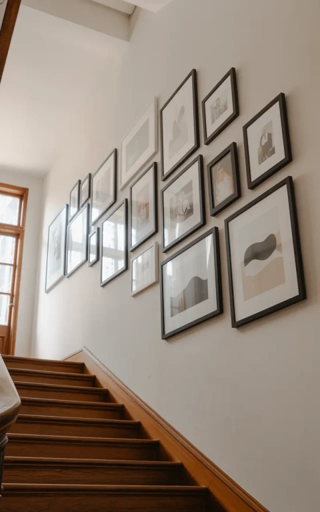 Hang a floating gallery wall that follows the stair line 🖼️