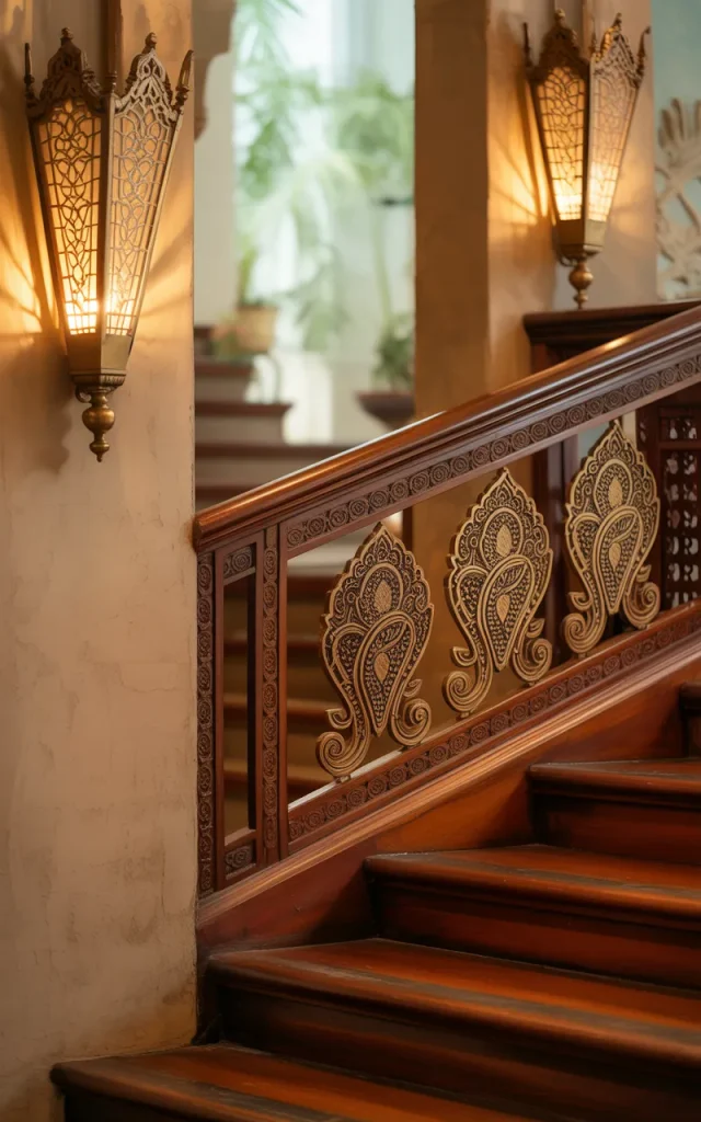 Hang brass wall sconces along the stair wall