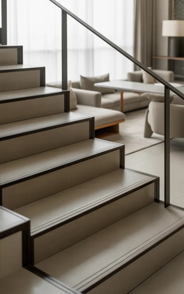 Highlight stair edges with thin iron trims