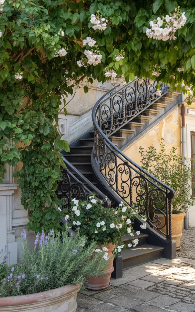 Install a classic wrought iron spiral staircase with ornate detailing