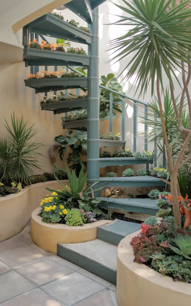 Install a spiral staircase with integrated garden planters