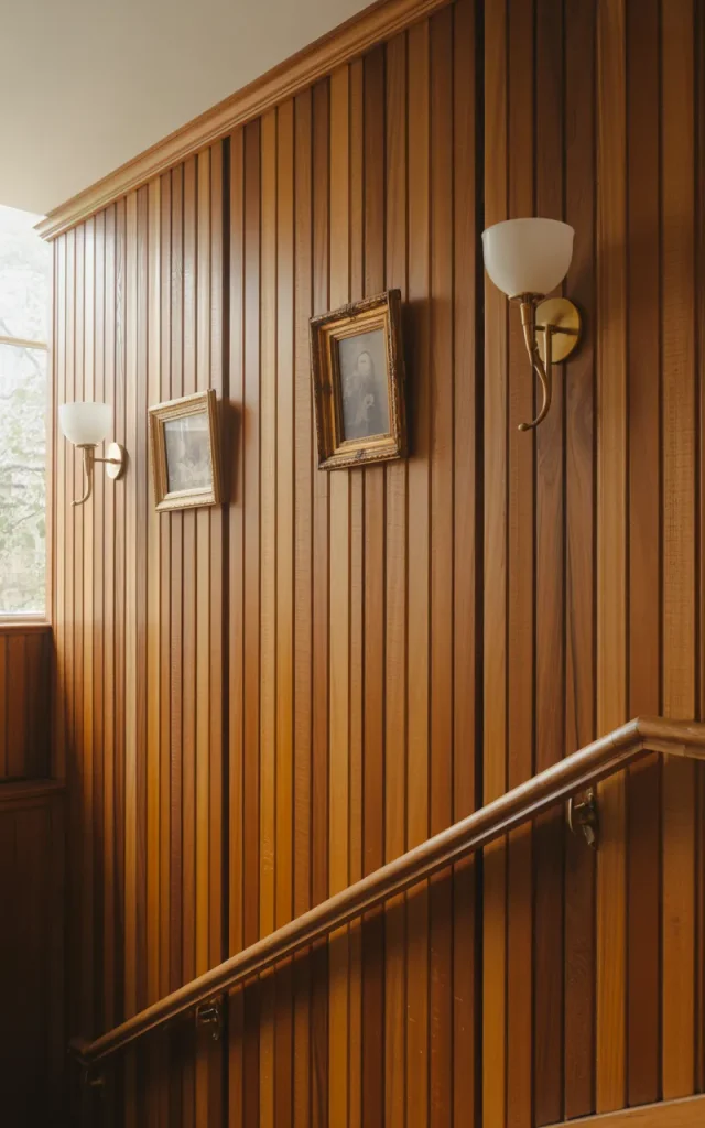 Install wooden paneling along the staircase wall