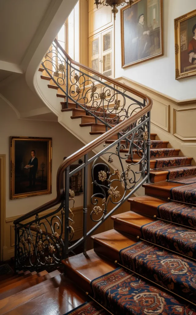 Install wrought iron railings with floral motifs