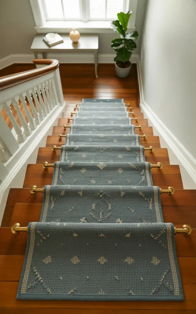 Lay a textured runner rug along the landing floor 🧶