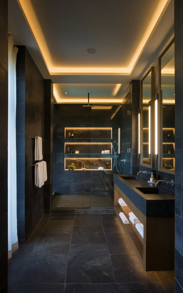 Layer Warm Lighting Around Dark Bathroom Surfaces
