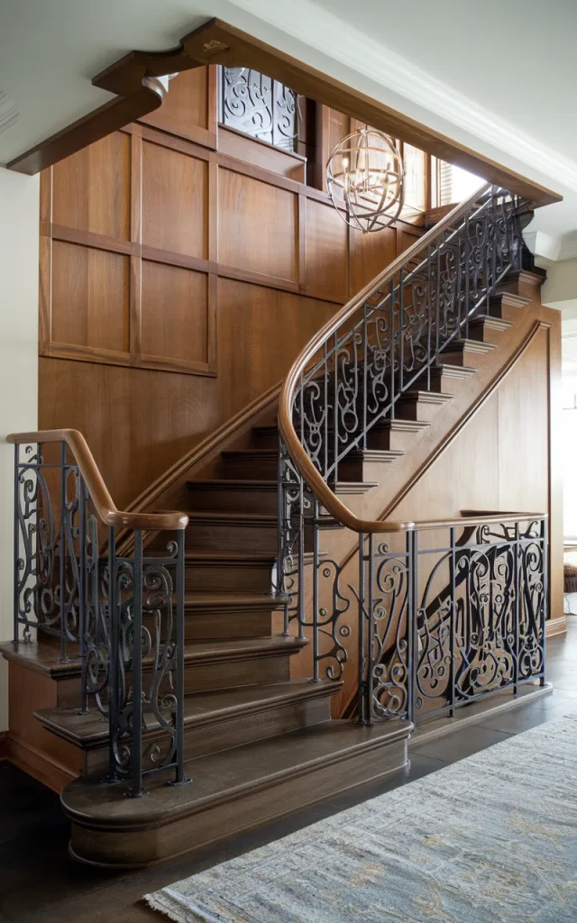 Layer iron railings with wood accents for depth