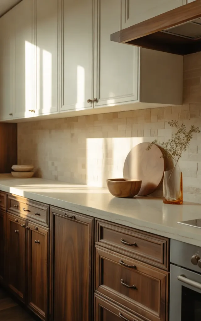 Mix Walnut Cabinets With Cream Finishes