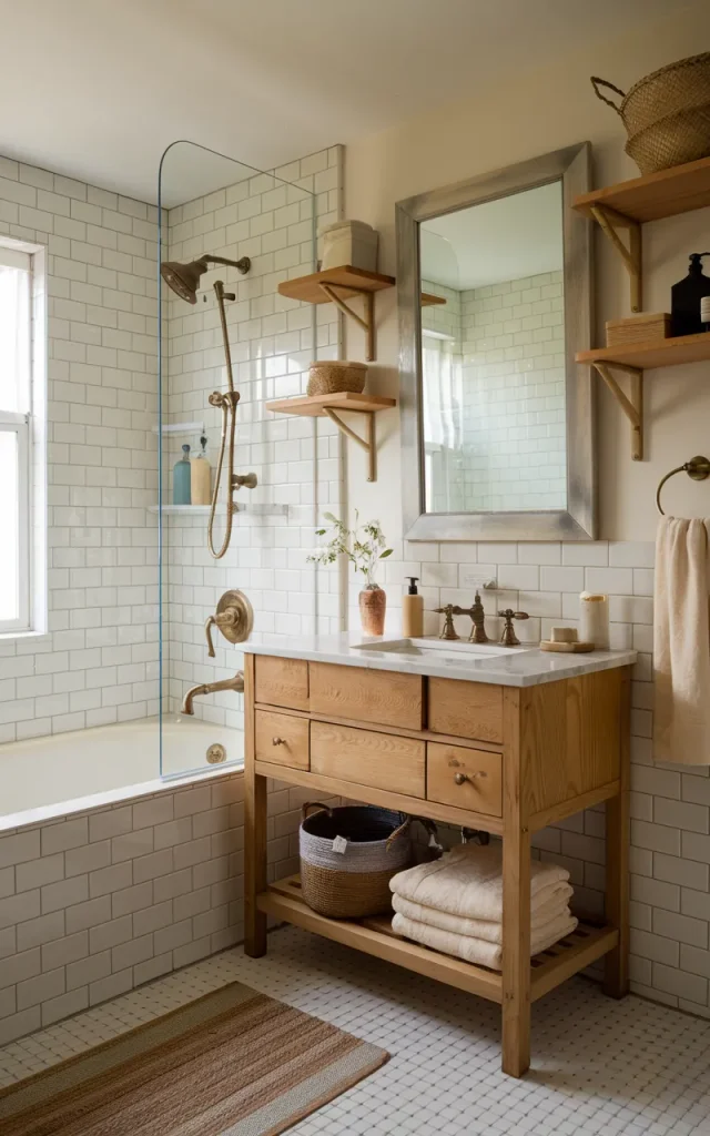 Mix White Tiles With Warm Wood Details