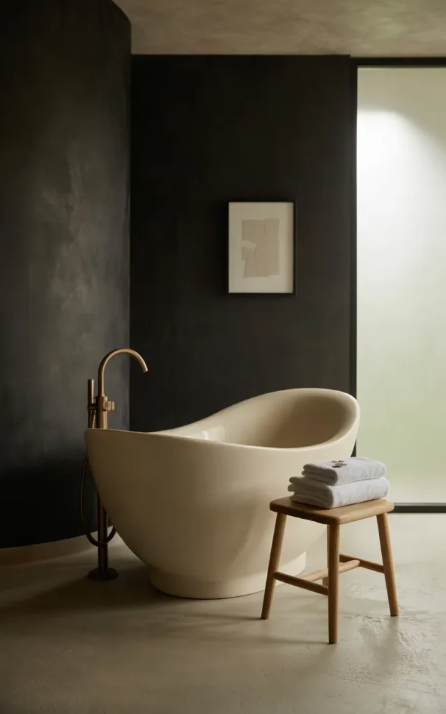 Pair Black Walls With a White Freestanding Bathtub