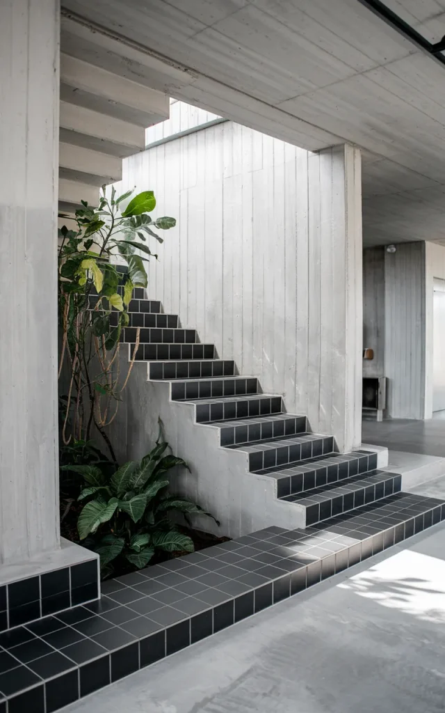 Use high-contrast stair riser tiles for definition ⚡