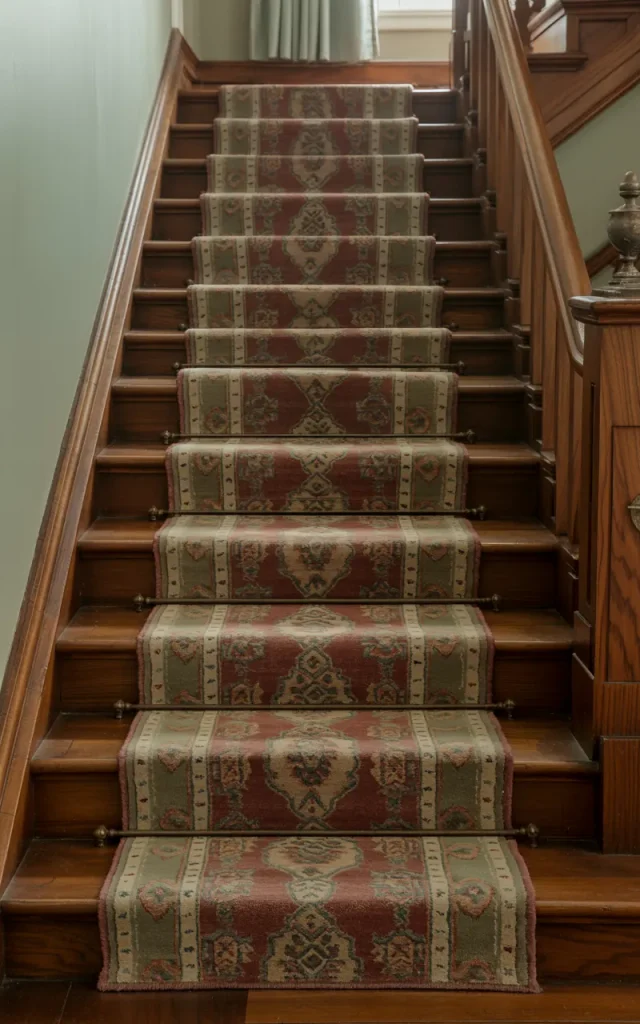 Use patterned runner rugs on wooden stairs